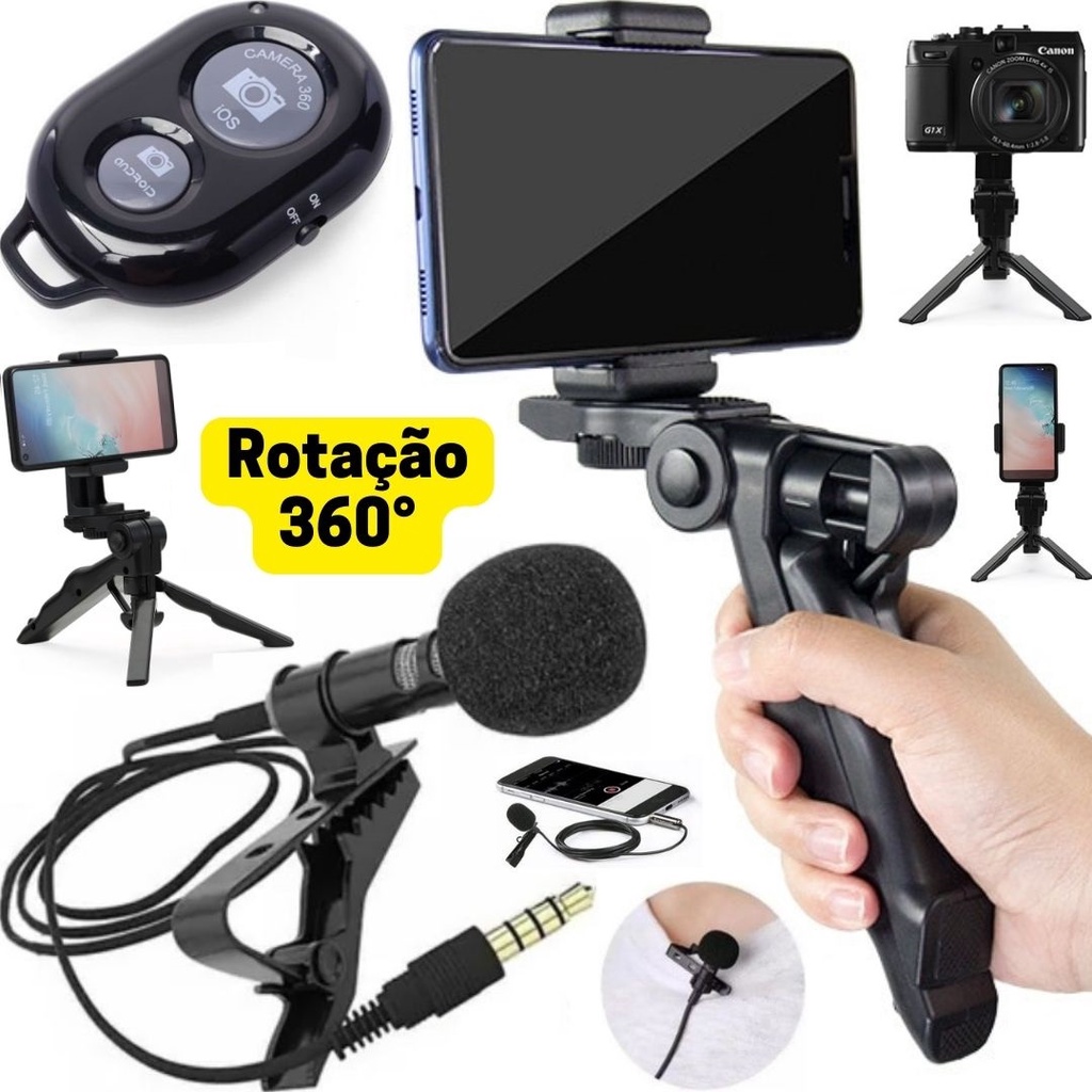 Kit Tripé de Mesa 2 em 1 Estabilizador Steadicam Celular Camera Microfone Lapela Gravação de Vídeos