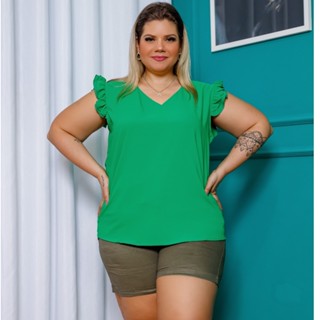 Blusa Plus Size Feminina Manga Curta Babado Gola V Verão 3RD SD096