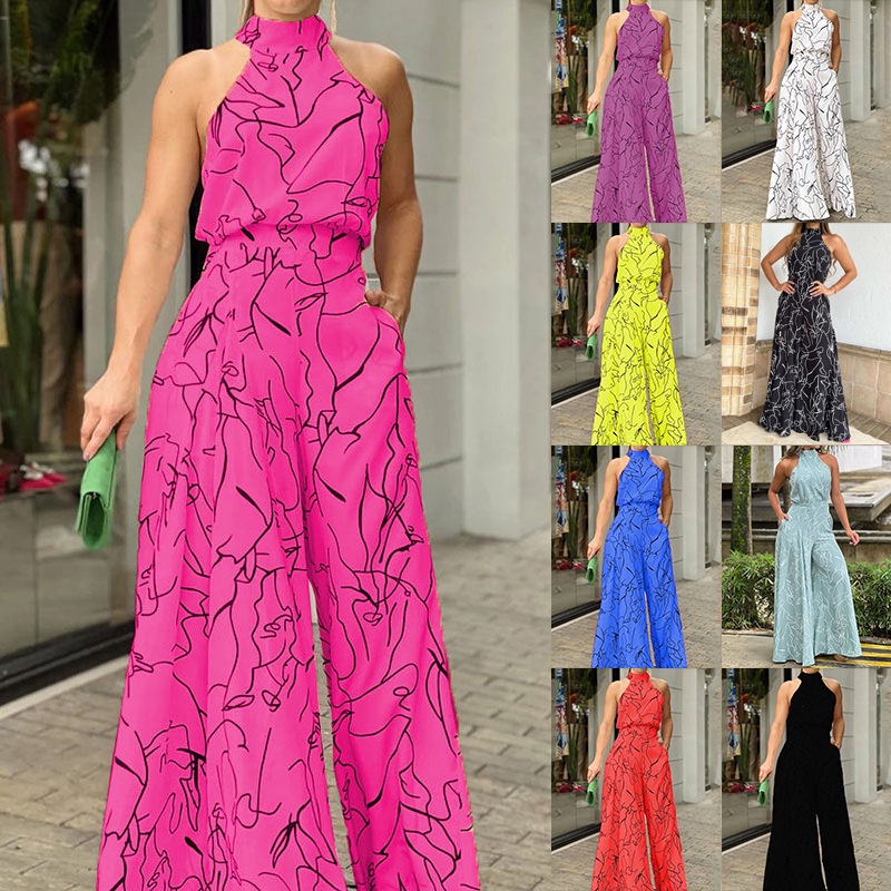 Macacão Longo Feminino Com Estampa Elegante Sem Mangas E Costas Largas