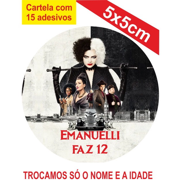2 Cartelas de Adesivos (30 unidades) Personalizados Cruela 101 dalmatas 5x5cm Festa Aniversário Lembrancinha