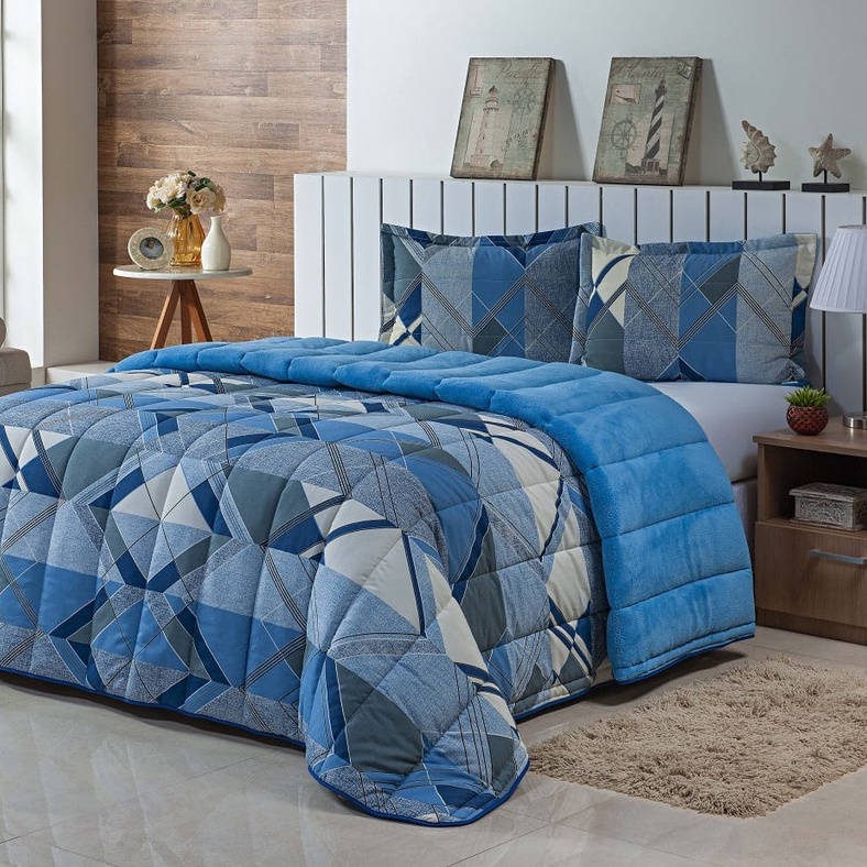 Kit Coberdrom Casal Queen Estampado 3 Pçs Dupla Face