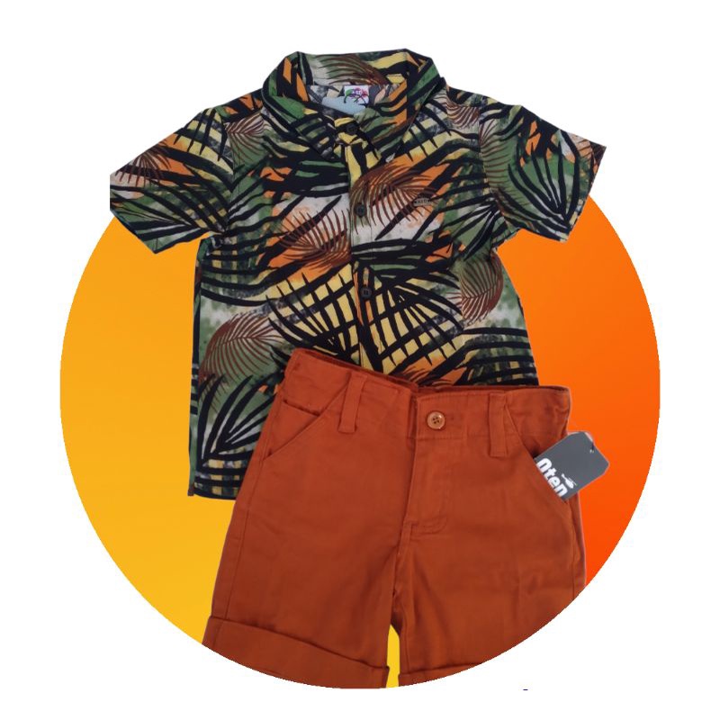 Conjunto infantil menino estampa floral / Camisa infantil manga curta floral estampada / Camisa e bermuda infantil