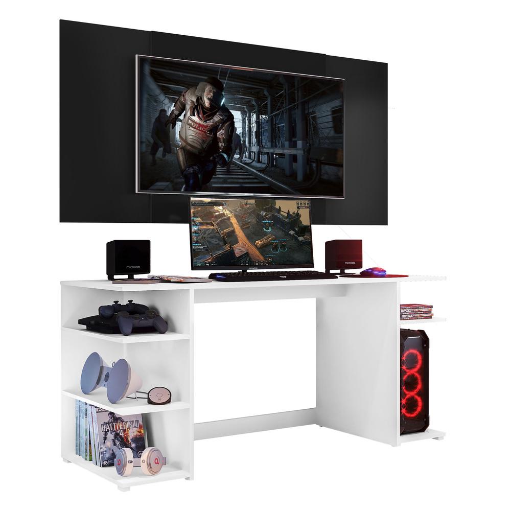 Mesa Gamer Escrivaninha com Painel TV 65" Guilda Multimóveis Branco/Preto