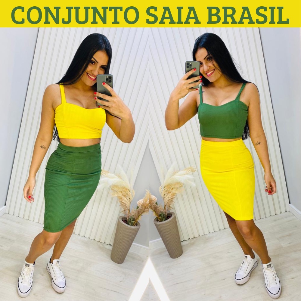 Conjunto Canelado Saia Midi Tubinho Cropped Alcinha Conjunto Feminino Brasil Copa do Mundo Verde Amarelo