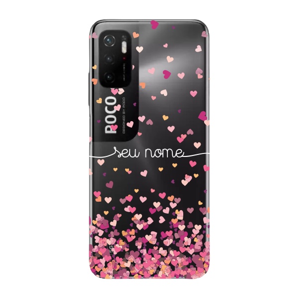 Capinha para Xiaomi Poco M3 Pro Anti Impacto Personalizada - Chuva de corações rosa com nome