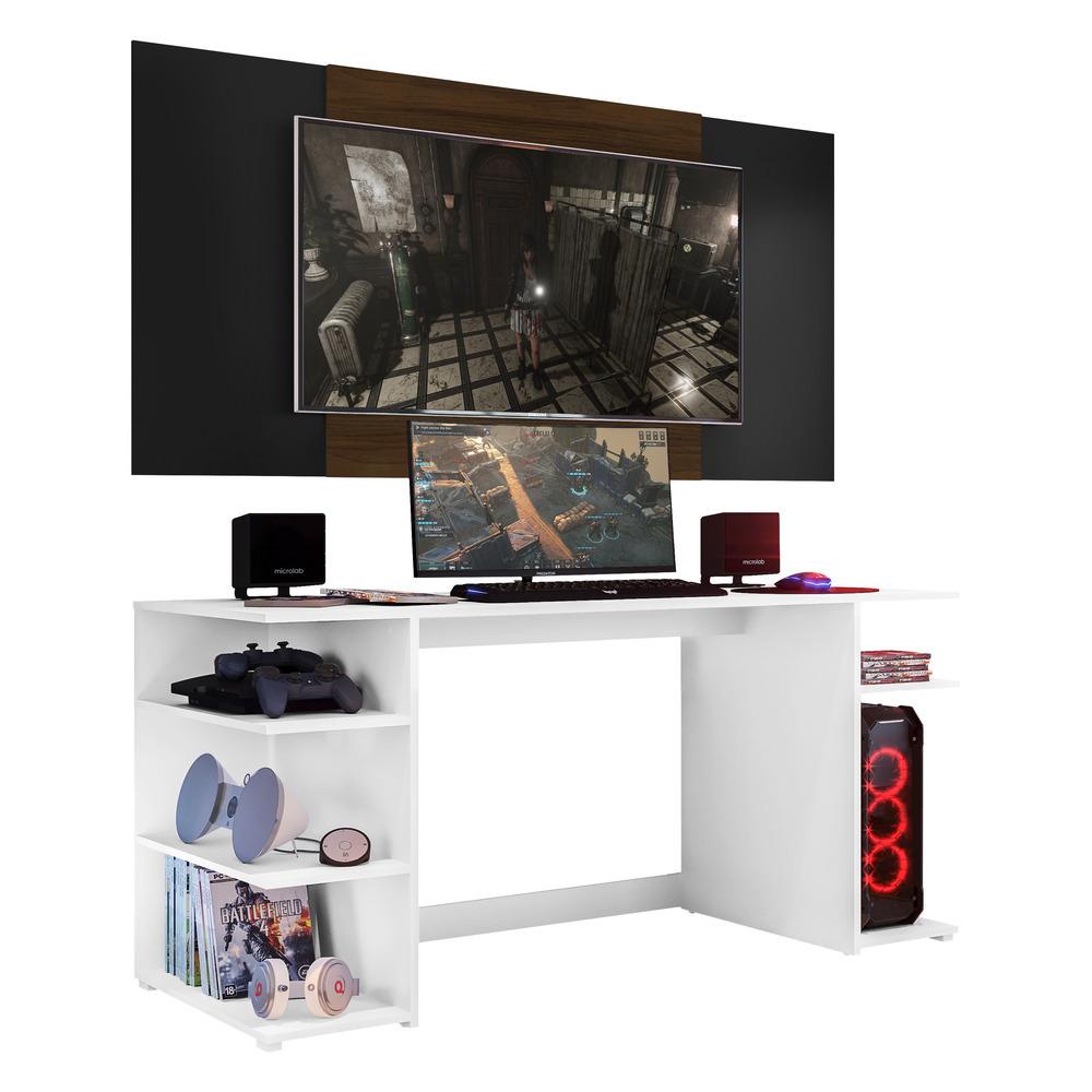 Mesa Gamer Escrivaninha com Painel TV 65" Guilda Multimóveis Branco/Preto/Madeirado