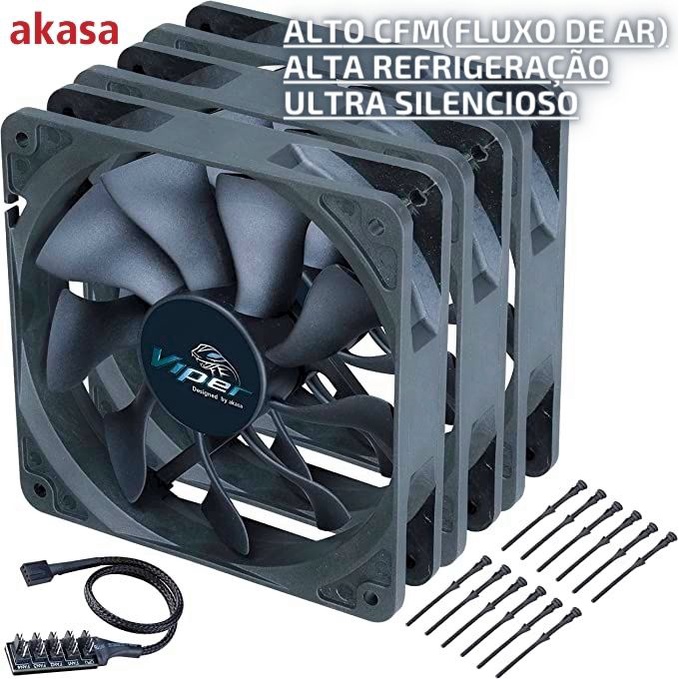 Kit Fan 120mm De Alto Desempenho e Fluxo de Ar Pwm Akasa Viper 4 Pinos Preto CFM 83 + Splitter Fan