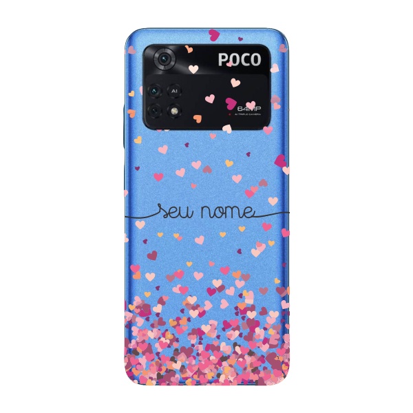 Capinha para Xiaomi Poco M4 Pro 4G Anti Impacto Personalizada - Chuva de corações rosa com nome