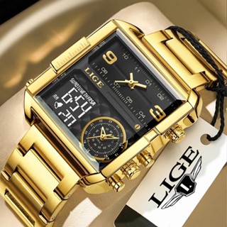 LIGE Novo Relógio Masculino Ouro Eletrônico Ouro Aço Inoxidável Luxo Moda Esportes Digital Duplo Mostrador Relógio Masculino
