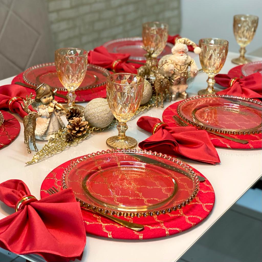 Kit Sousplat Mesa Posta Completa de Natal Natalino Vermelho e Dourado Brilhante!