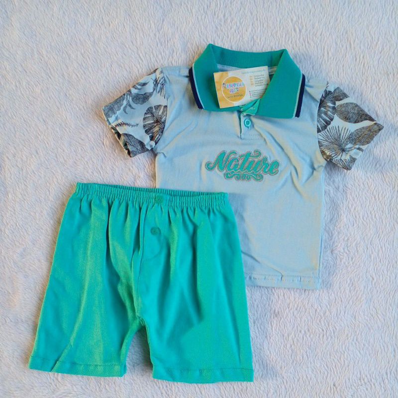 Conjunto bebê masculino camisa em malha gola polo e bermuda em moletinho 100% algodão M e G