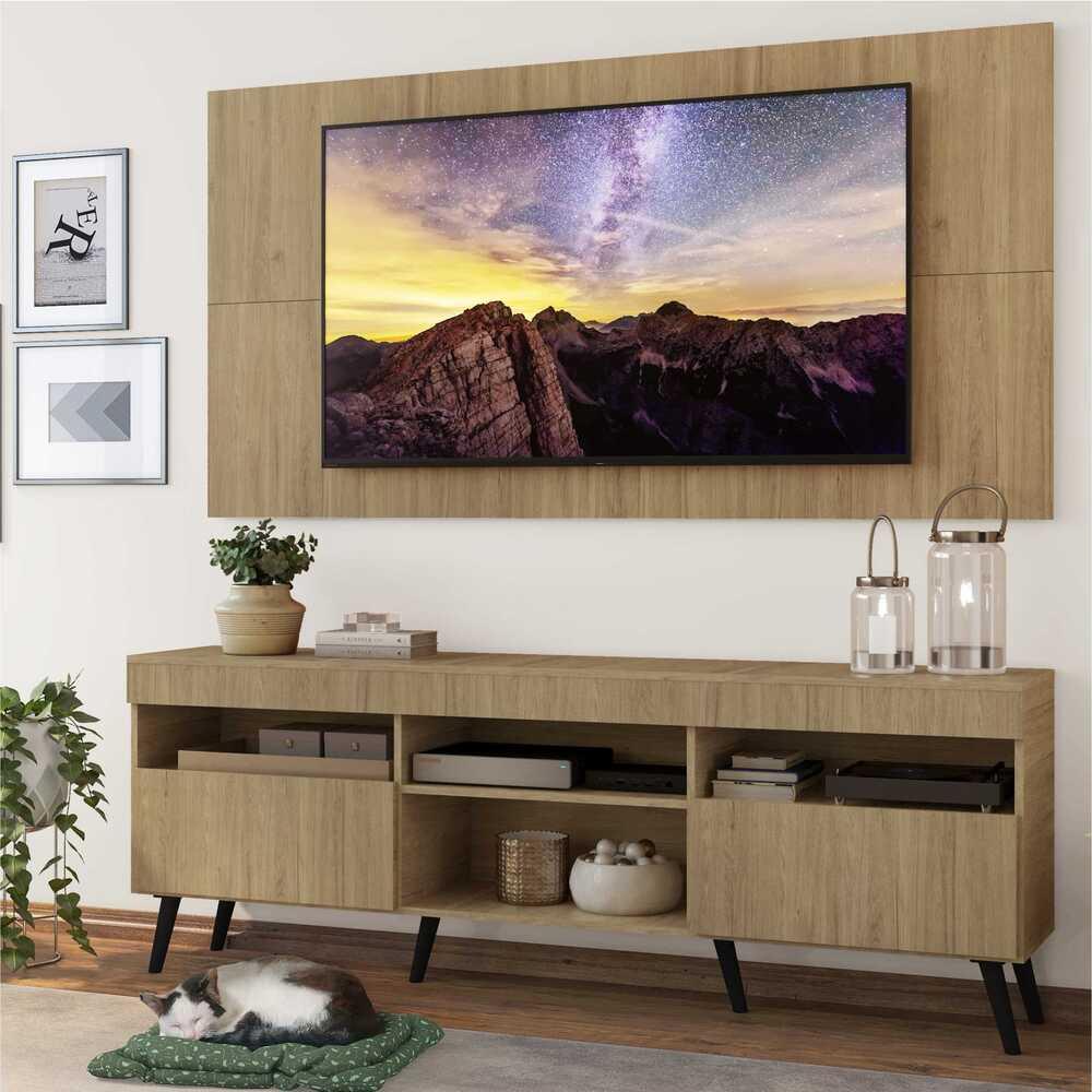 Rack com Painel e Suporte TV 65" Londres Multimóveis Pés Retrô e 2 portas Rustic/Preto - Home & Living