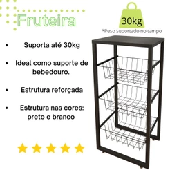 Fruteira De Chão Para Cozinha 3 Cestos Preto Fosco Multiuso