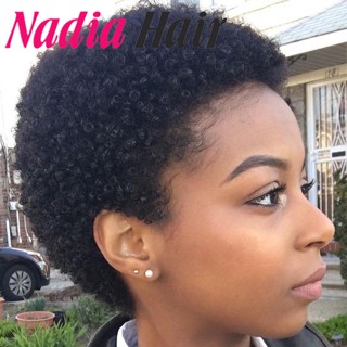 Cabeleira Nadia Cabelo Afro Kinky Curly Peruca De Corte Curto 100 % Humano Perucas Completas Máquina Curta Pixie Cut