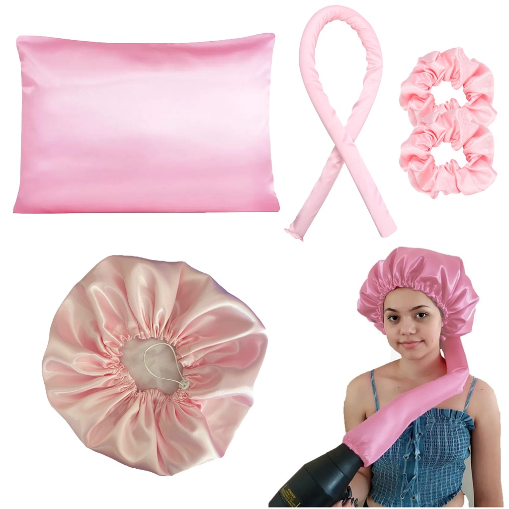 Kit Cetim: Touca difusora + Touca de dormir + Fronha + modelador curling hod em Oferta na Shopee