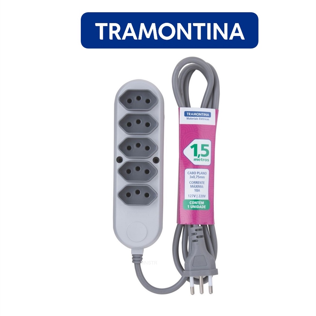Extensão Elétrica 1,5 Metros Tramontina com 5 Tomadas de 3 Pinos (2P+T) 10A Cinza