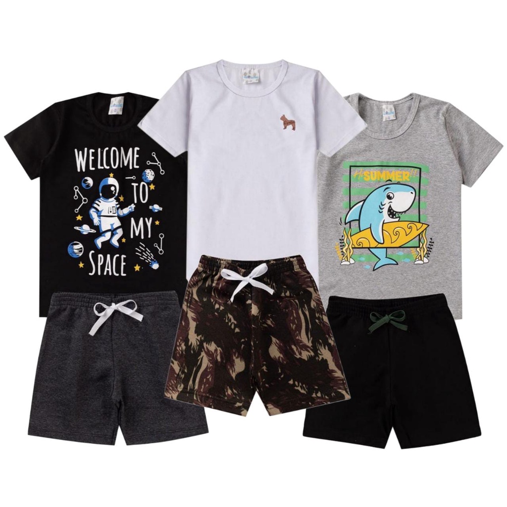 kit 3 conjuntos masculino infantil primavera verão camisa e bermuda tamanho 1 2 3 4 6 8