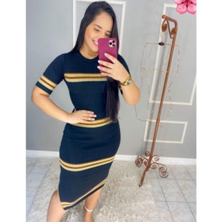 Vestido Canelado Tubinho Midi Moda Evangélica Listrado