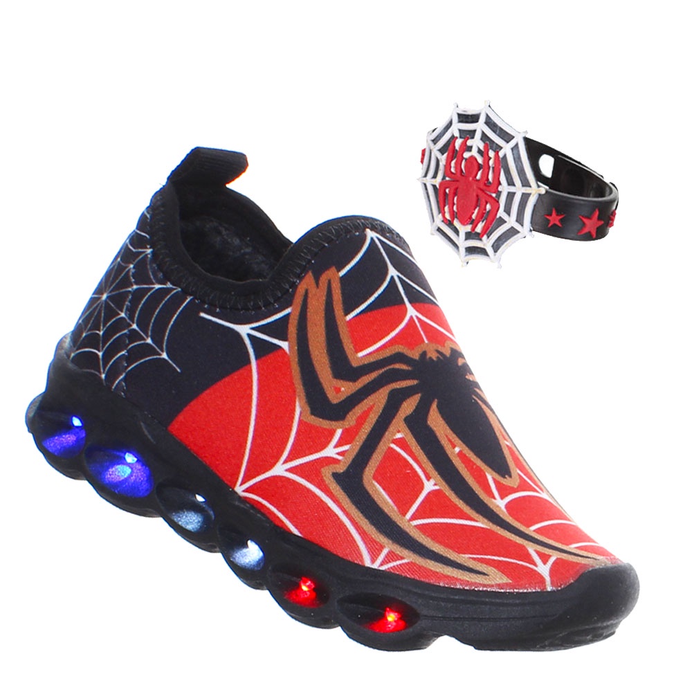 Tenis Calcado do Aranha com Luz 6 Leds que Pisca Infantil Menino Vem Pulseira Personagem Gratis