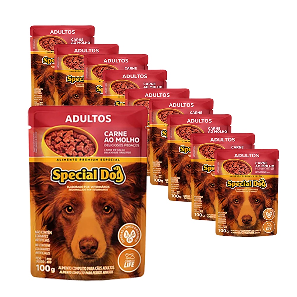 Kit 10 Ração Special Dog Sachê Cães Adultos Carne - 100g