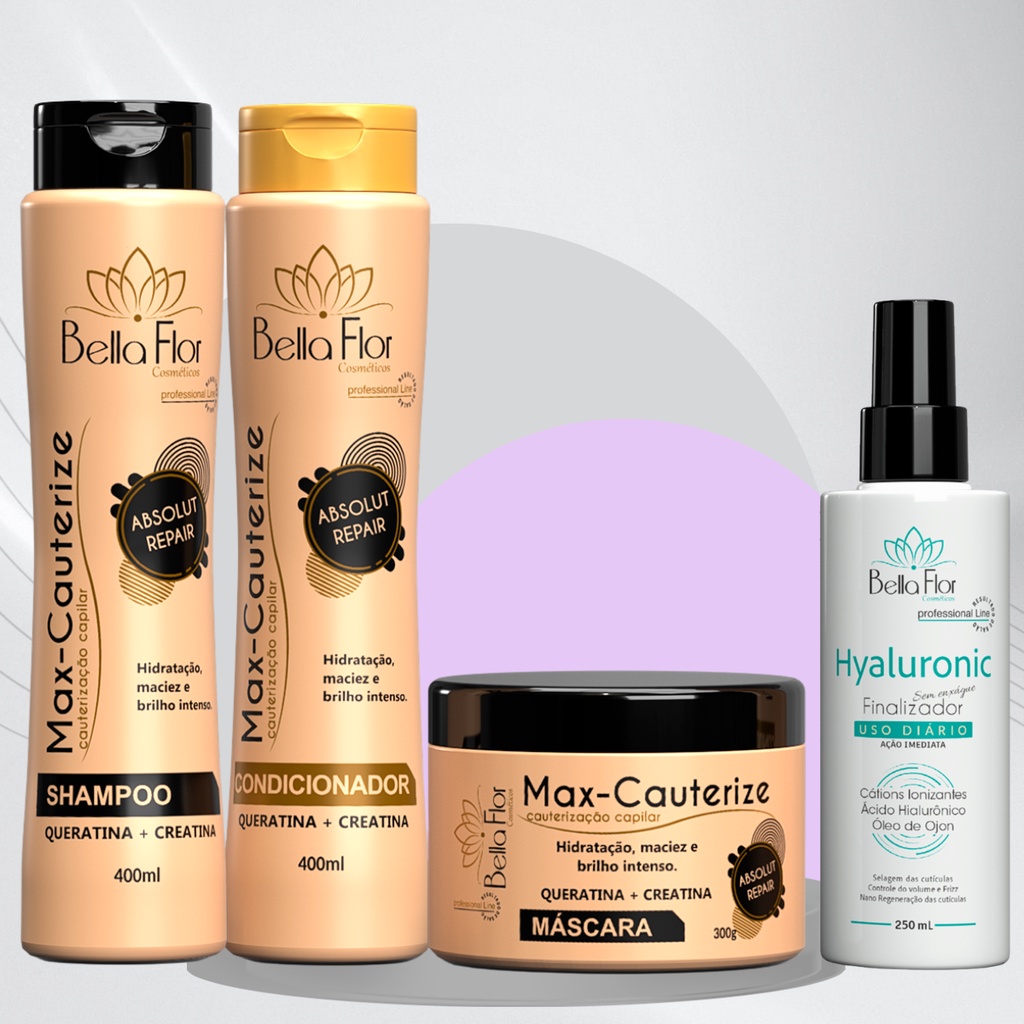 Kit Capilar Max Cauterize 4 Produtos Shampoo Condicionador Máscara + Finalizador Hyaluronic Bella Flor