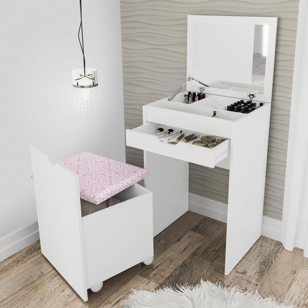 Penteadeira com Puff e Espelho Multimóveis CR35020 Branco/Rosa em Oferta na Shopee