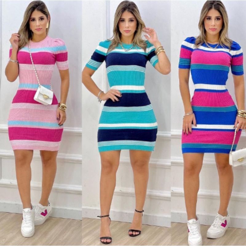 Vestido Tricot Modal Listrado / Manga Curta / Manga Princesa / Vestido Gola V Tricô / Envio 24hrs / Moda Blogueira