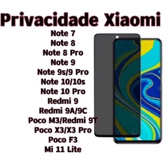 Película De Vidro 3D Privacidade Anti Spy Para Note 7/8/9s/9 pro/10/10A/10C/11/9A/9C/9T/Poco X3/F3