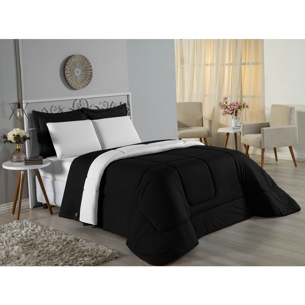 Edredom Malha Extra Macia 100%algodão Solteiro Liso Preto/Branco