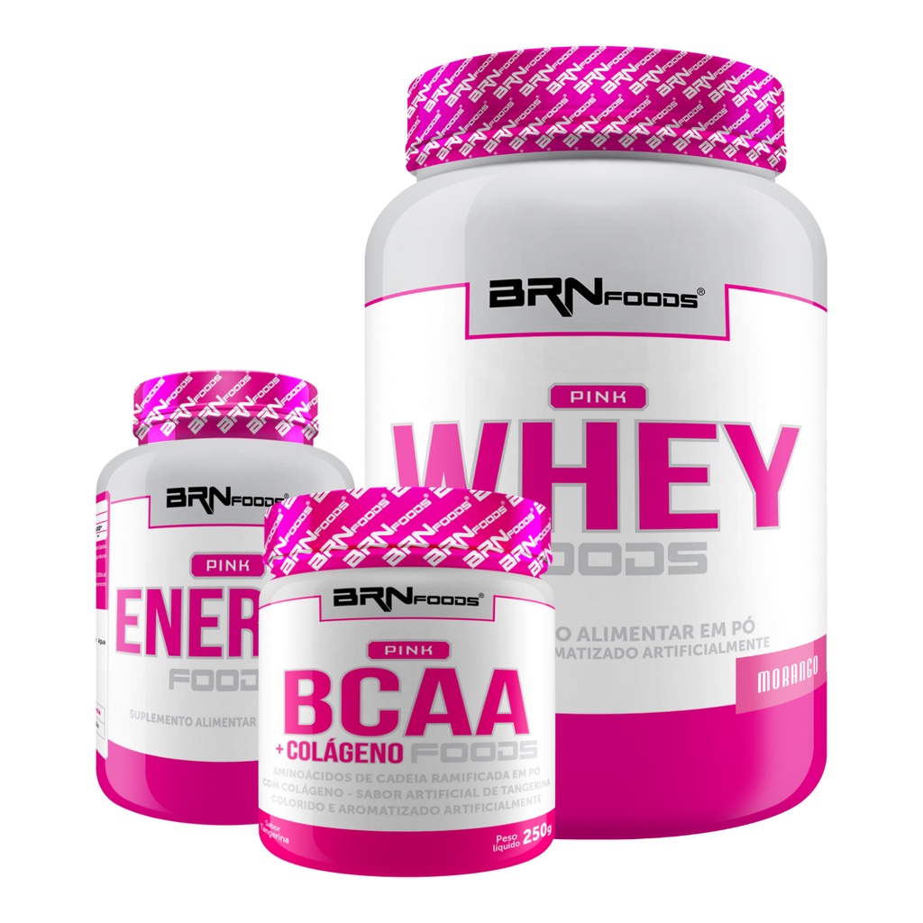 Kit Whey Protein Pink Whey Foods 2kg, Pink Energy Pré Treino 120 caps, Pink BCAA com Colágeno 250g Sabor Tangerina - BRN Foods