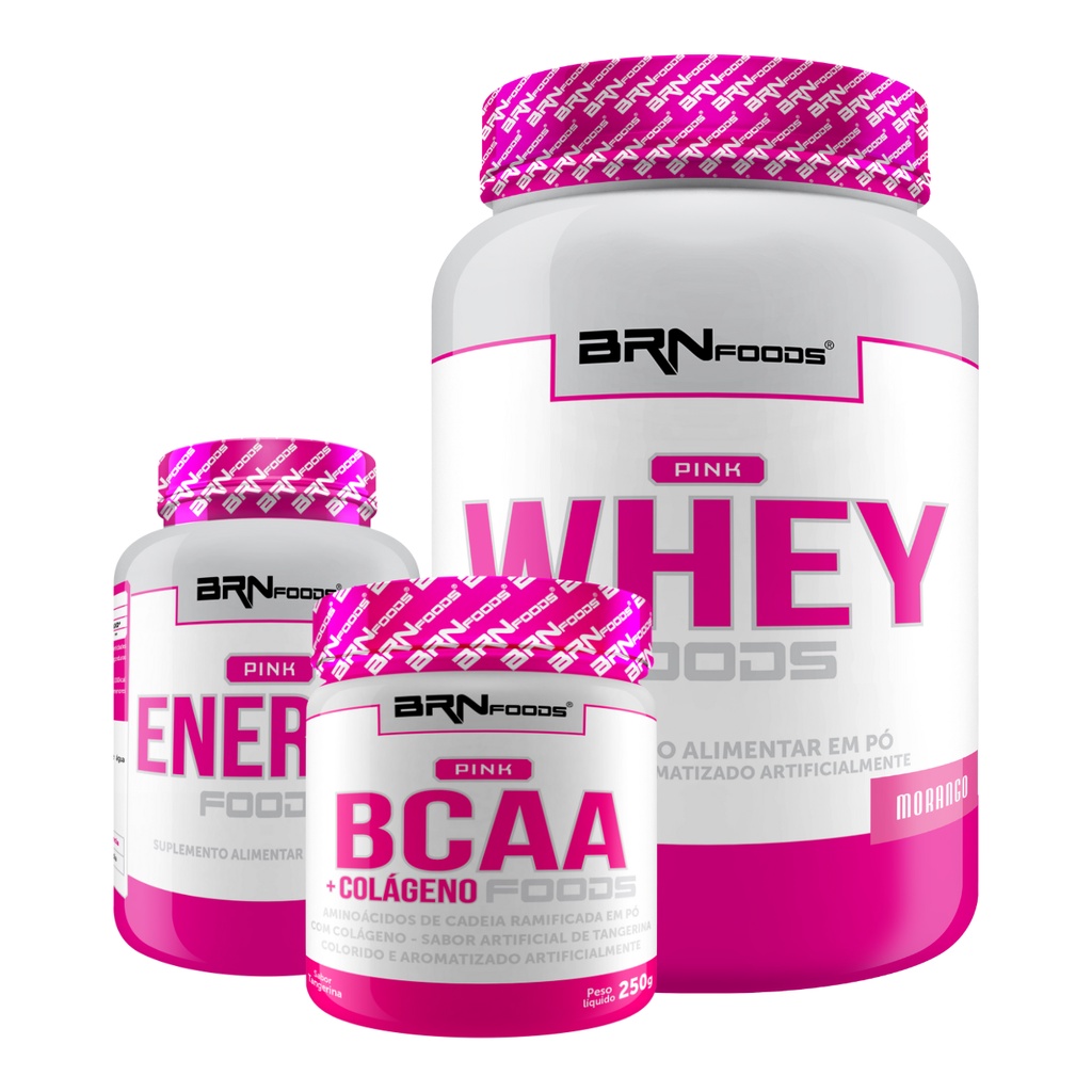 KIT Pink Whey Foods 2kg, Pink Energy 120caps, Pink BCAA C/ Colágeno 250g Tangerina - BRN Foods