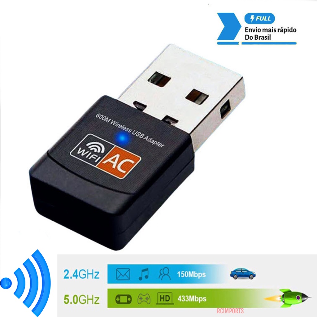 Adaptador Wifi 5Ghz USB 2.0 600 Mbps Dual Band 2.4G e 5G Receptor Wireless Ac Wi-fi Notebook Desktop PC Internet