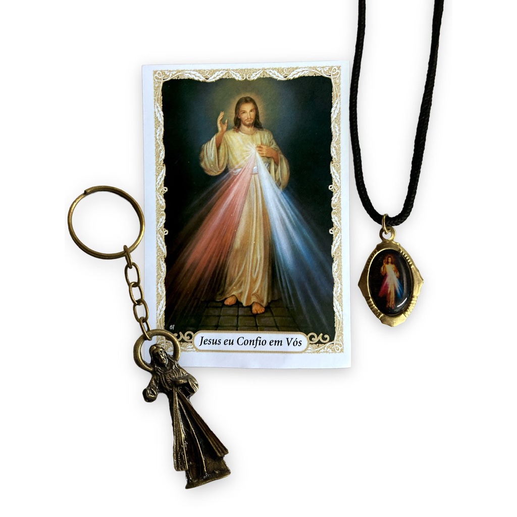 Kit Jesus Misericordioso Chaveiro Cordao Medalha C/ Oração
