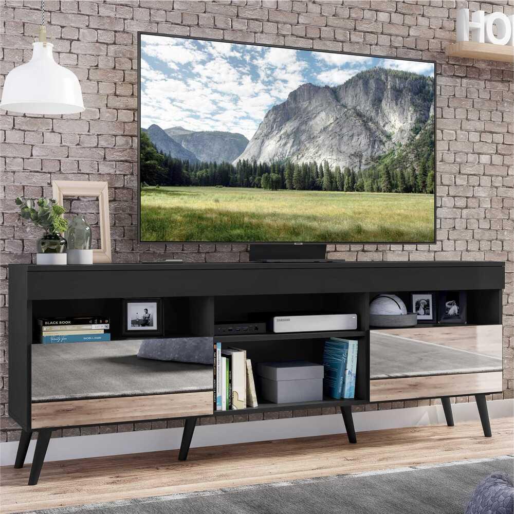 Rack TV 65" com Espelho, Pés Retrô e 2 Portas Paris Multimóveis Preto em Oferta na Shopee