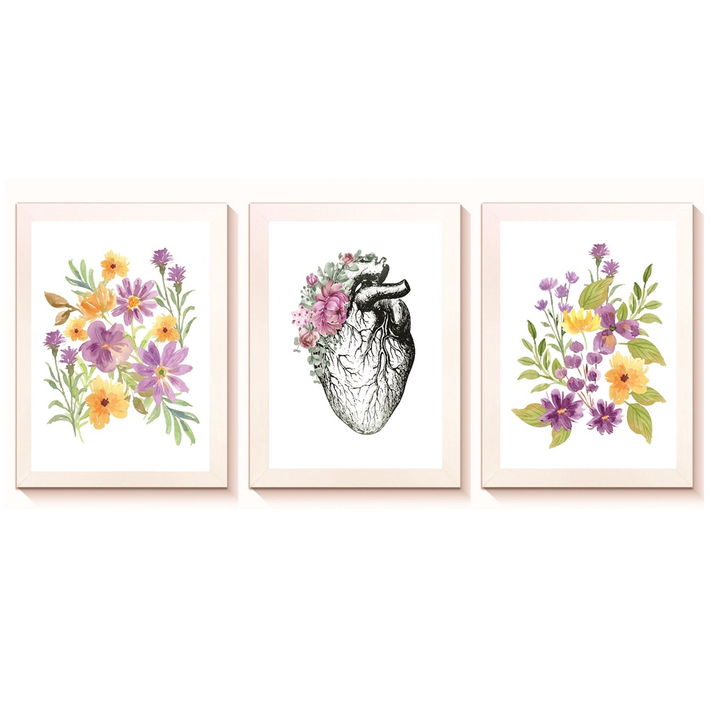Kit 3 Quadros Decorativos Coração Cardiologia Medicina Consultório Moldura 20x30cm Madeira