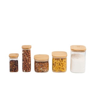 KIT DE POTE HERMÉTICO VIDRO QUAD TAMPA DE BAMBU 5 PÇS OIKOS em Oferta na Shopee