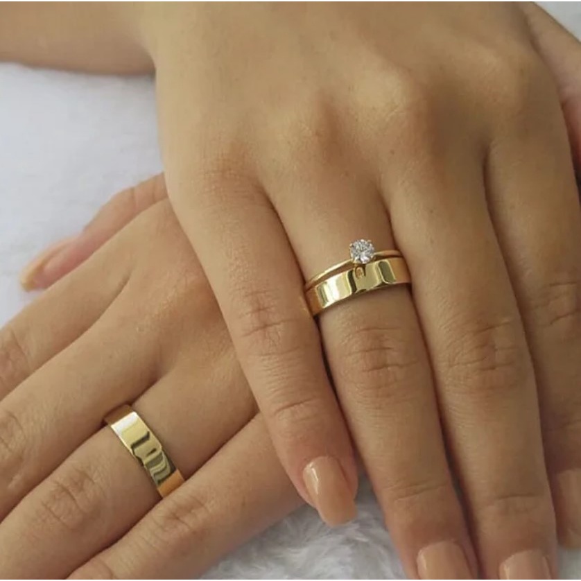 Par De Aliança Banho moeda antiga Chanfrada Fina 4mm  Casamento Noivado com anel solitário COD-05