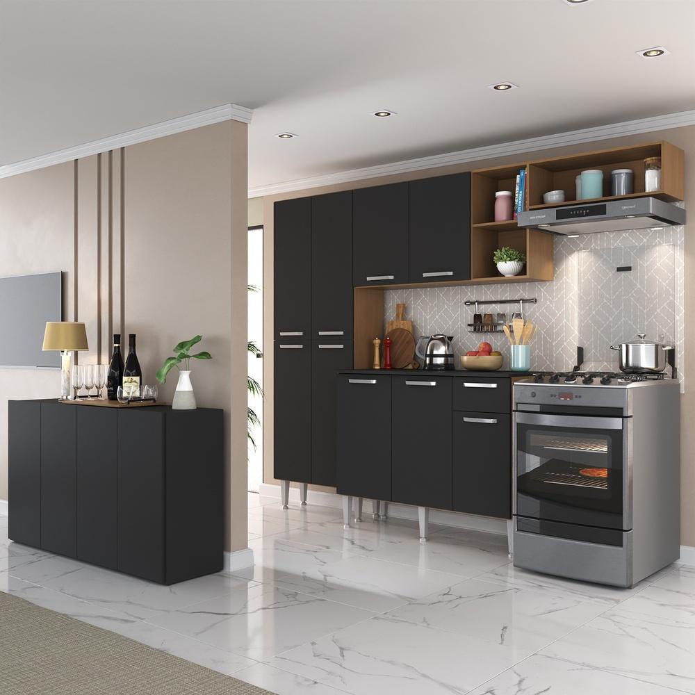 Cozinha Completa c/ Buffet/Aparador Paris Multimóveis MP2043 Madeirada/Preta