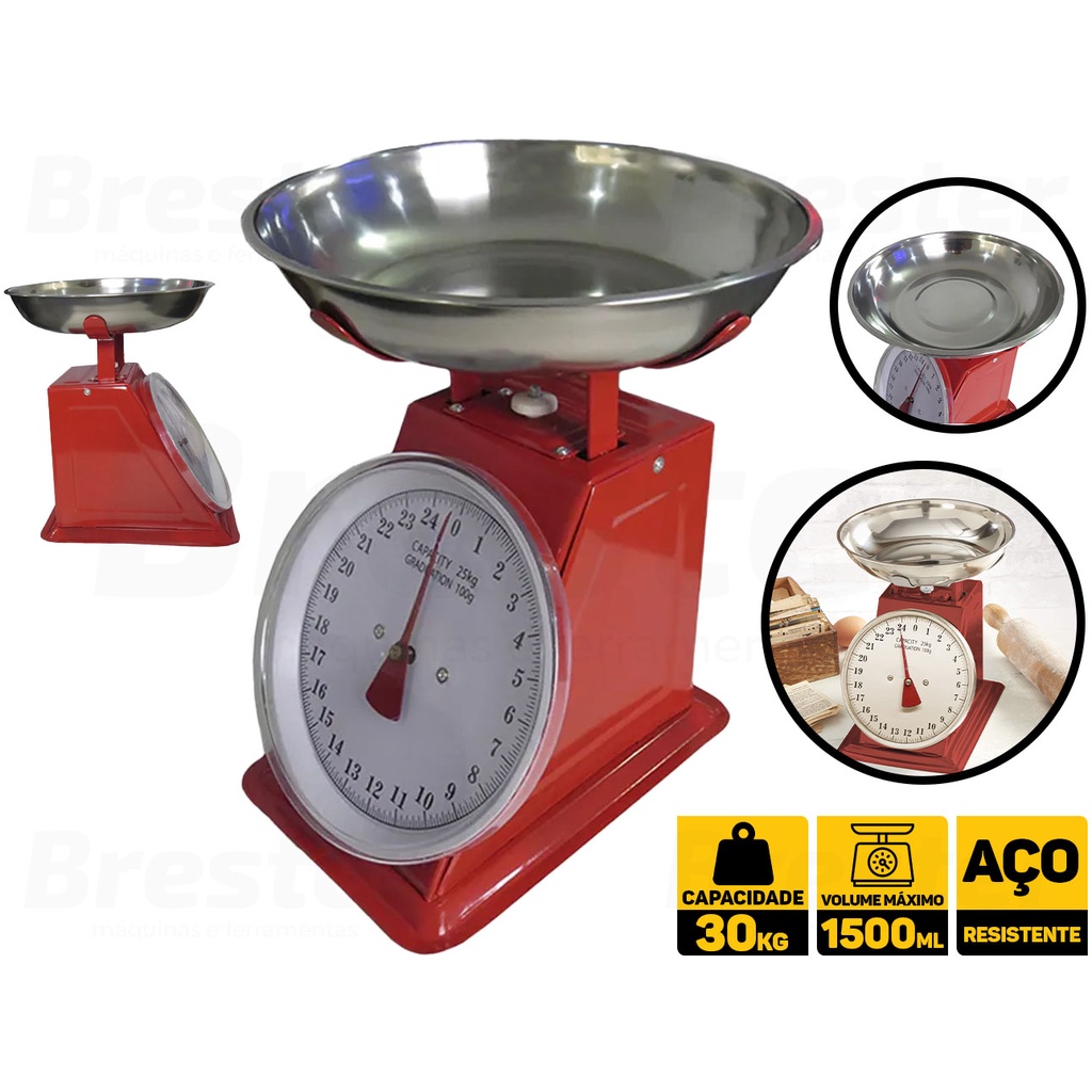 Balança Cozinha Analógica Mesa Profissional Retrô Vintage Vermelha 30kg Bestfer BFH1371 em Oferta na Shopee