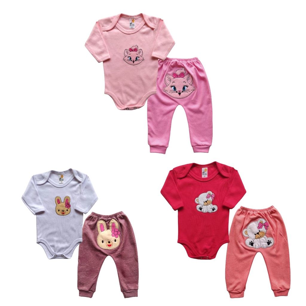 Kit 6 Pçs 3 Body Manga Longa + 3 Culote Algodão Bebê Atacado