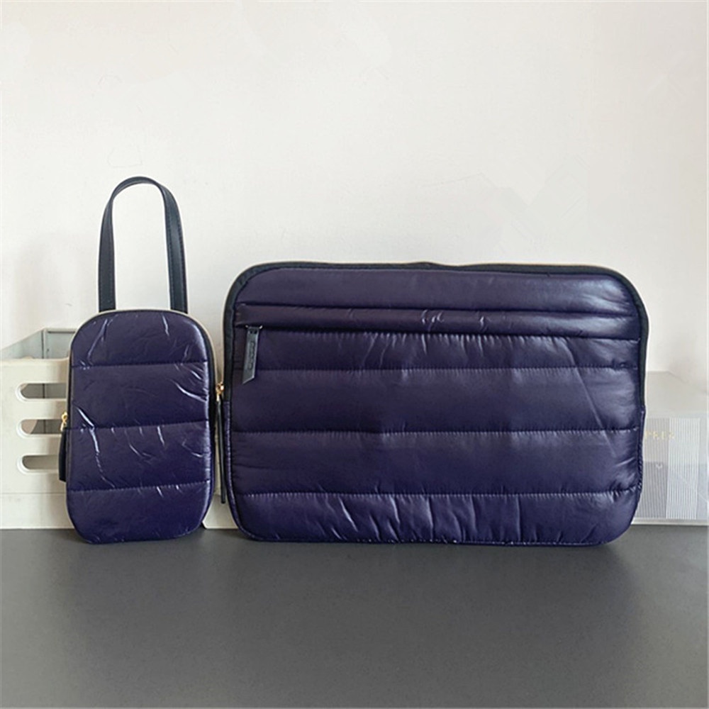 2 Pçs/SET ESTEE Tecido De Penas Azul Escuro Laminado Algodão Bolsa Para Laptop Celular De Armazenamento