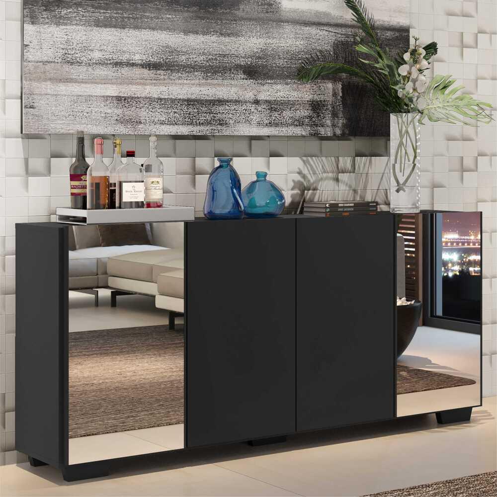 Aparador Buffet c/ Espelho e Pés Quadrados Vegas Multimóveis Preto em Oferta na Shopee