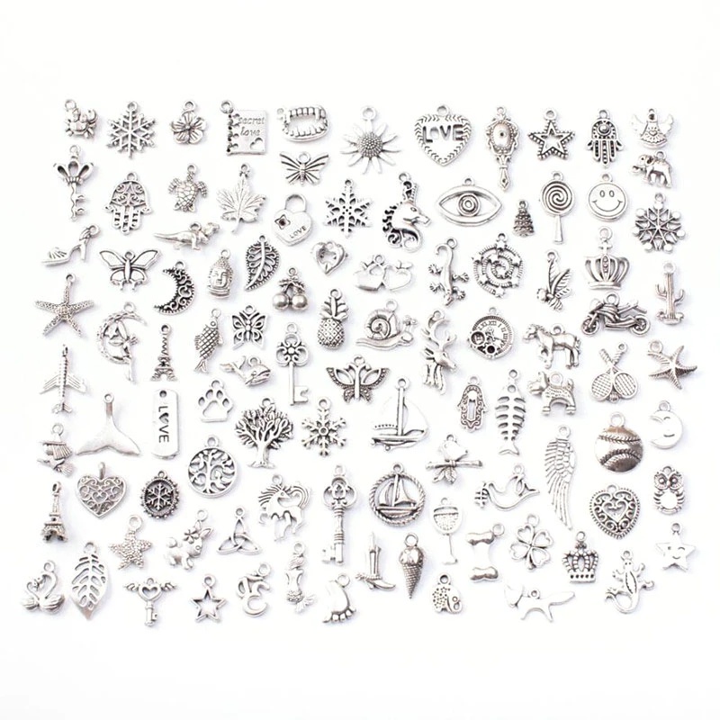 Joias Encantadores De Prata 100Pcs Pingentes Tibetano Mistas Metal Para Colar Pulseira em Oferta na Shopee
