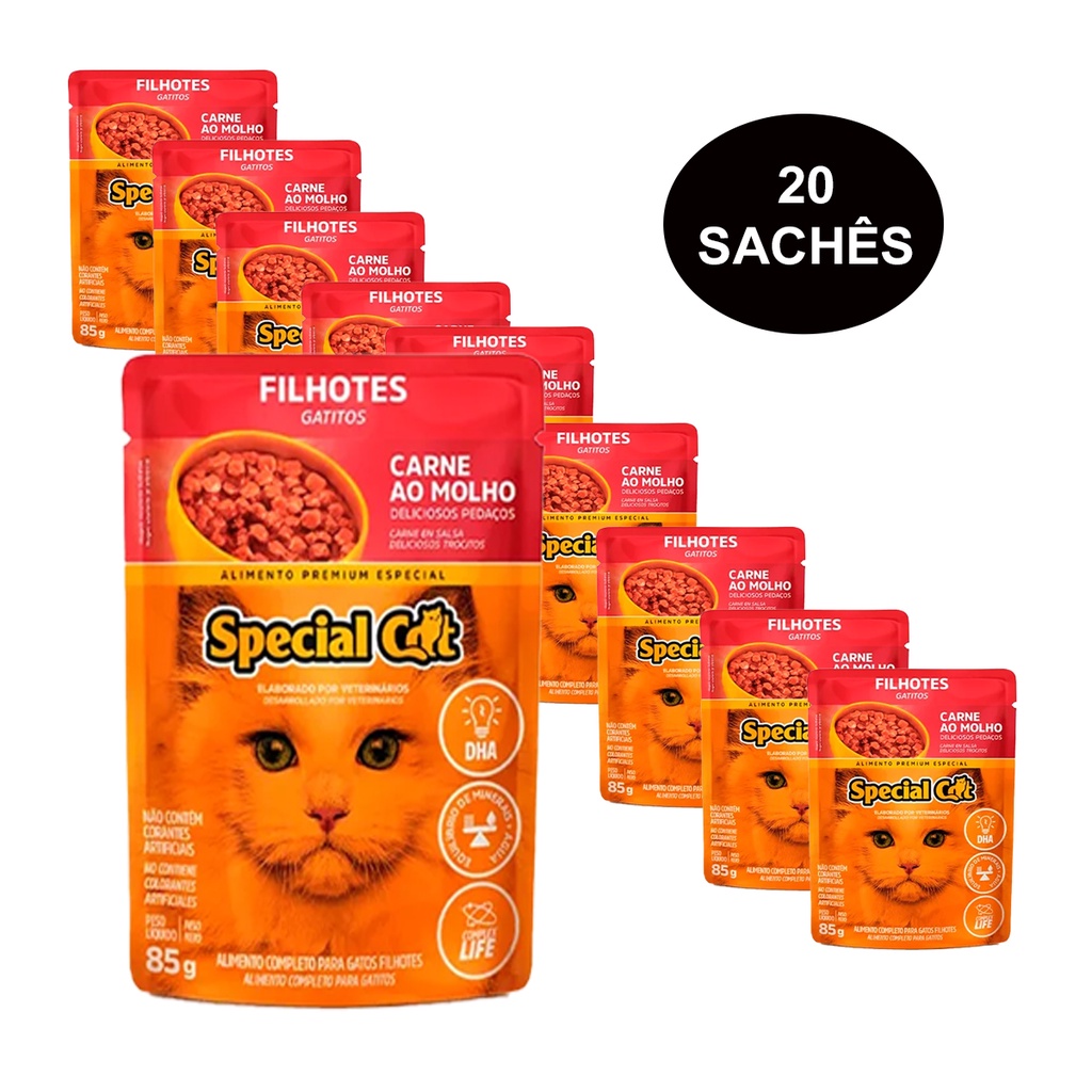 Kit 20 Rações Special Cat Sachê Gatos Filhotes Carne - 85g