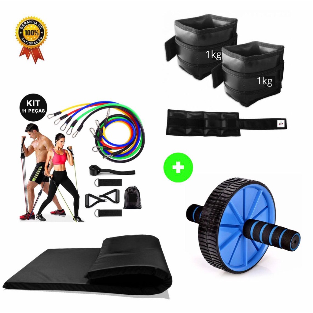 kit Exercício em Casa - Kit11+Roda+Colchonete+Caneleira1kg