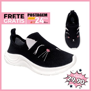 Tênis gatinha Calce Fácil menina sapatinho meia sem cadarço feminino preto bordado bichinhos lindos em Oferta na Shopee
