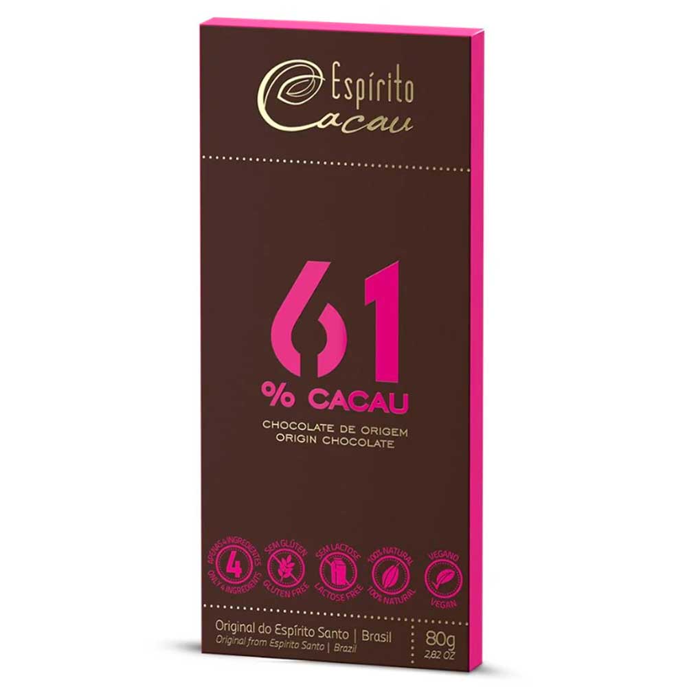 Tablete de Chocolate Amargo 61% Cacau Vegano 80g - Espírito Cacau