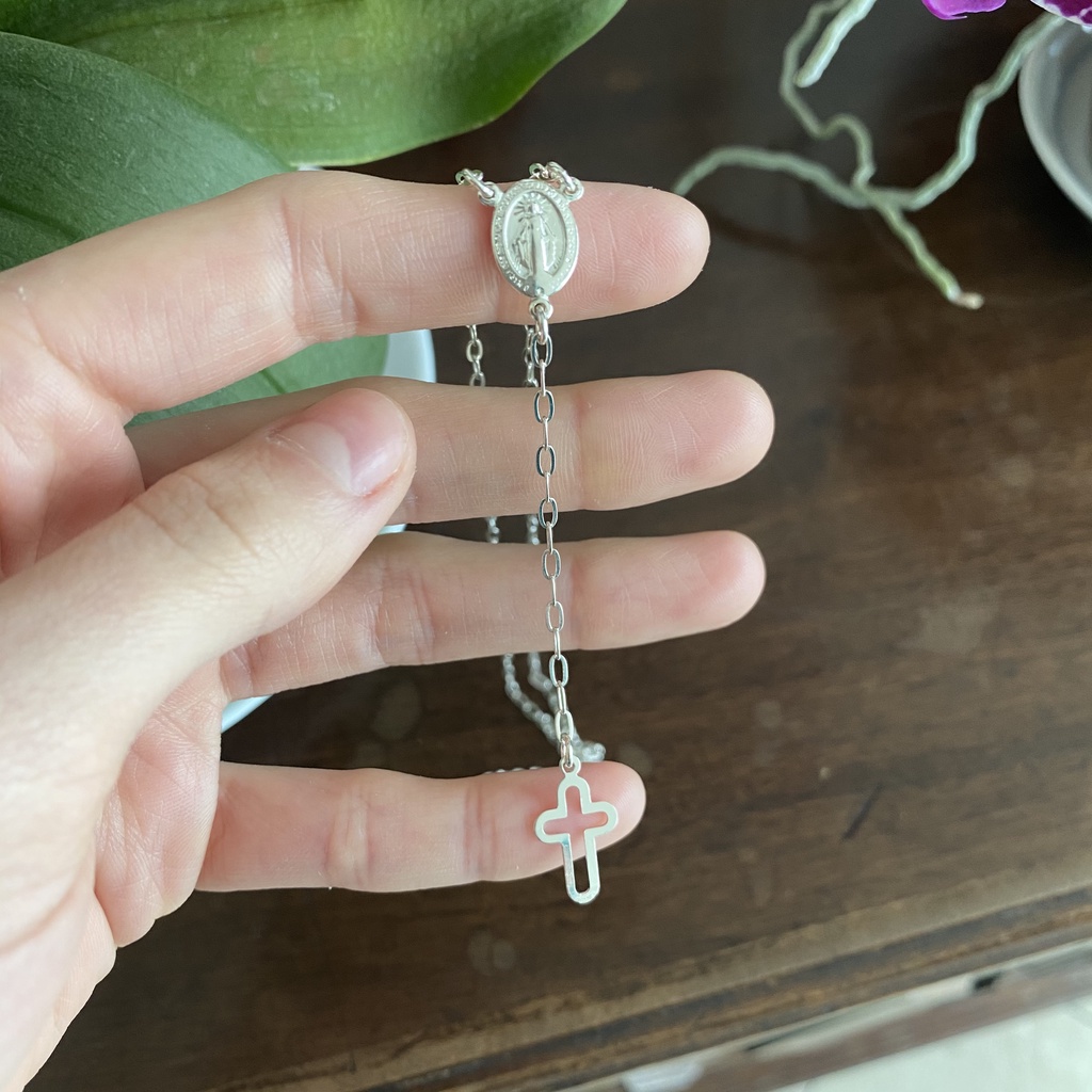Colar Terço Virgem Maria em Prata 925 - Colar Cordão Prata de Lei Prata Maciça Nossa Senhora Jesus Cristo Joias Feminino Masculino Unissex