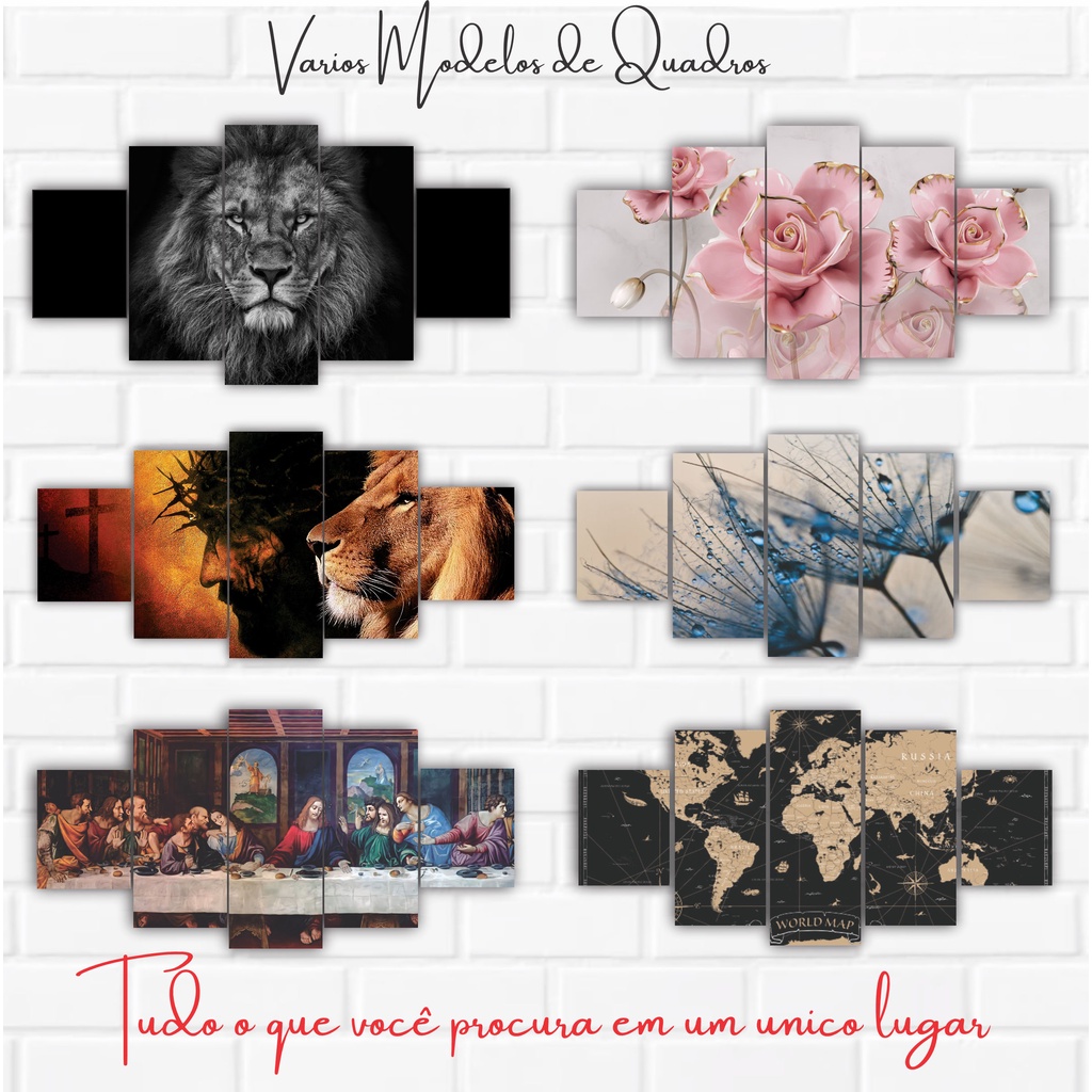 QUADROS DECORATIVOS 5 PEÇAS VARIOS MODELOS LEÃO FLOR SANTA CEIA RELIGIOSO CAVALO PAISAGEM ANIMAIS SILVESTRES PRAIA DENTE DE LEAO