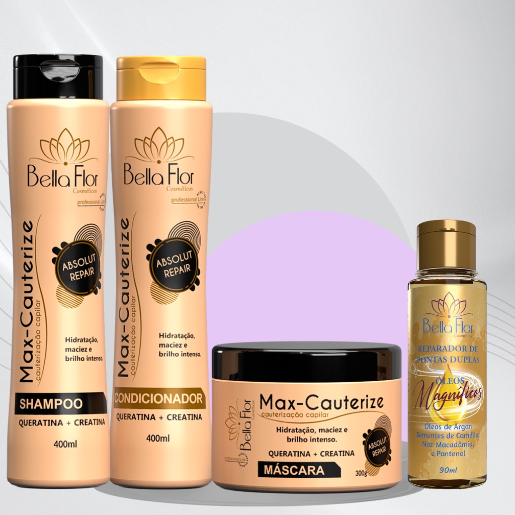 Kit Capilar Cauterize 4 Produtos Shampoo Condicionador Máscara Reparador de Pontas Bella Flor Hidratação Reparação
